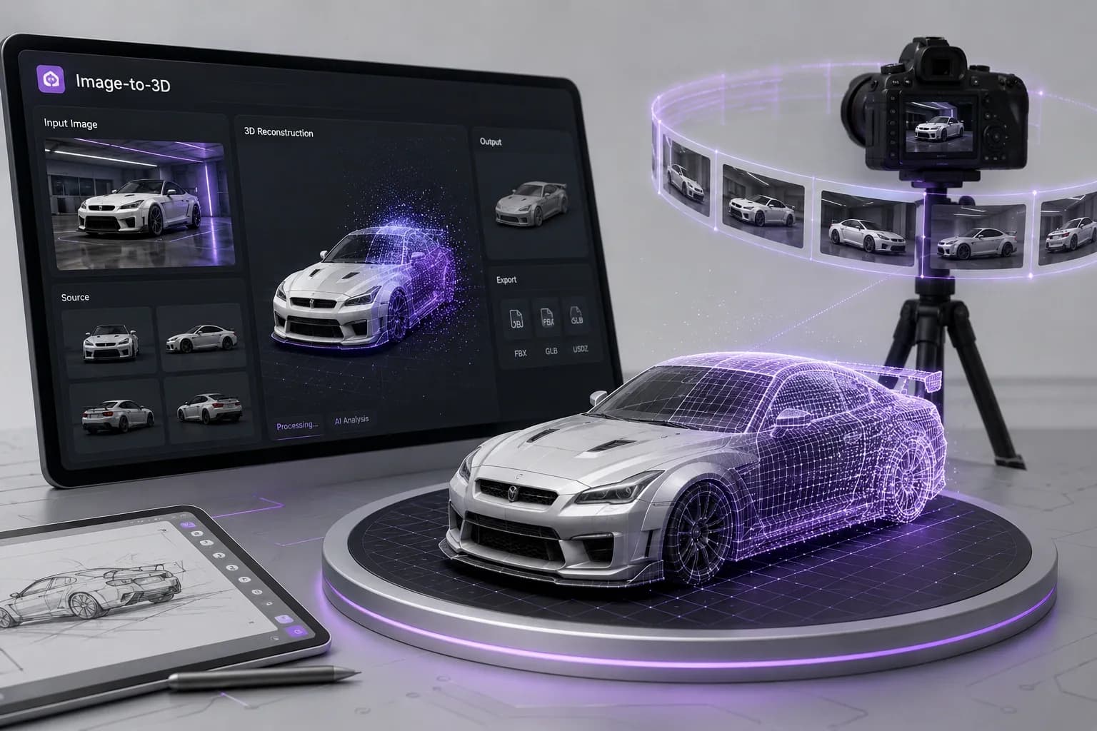Illustration of a car photo being turned into a 3D model