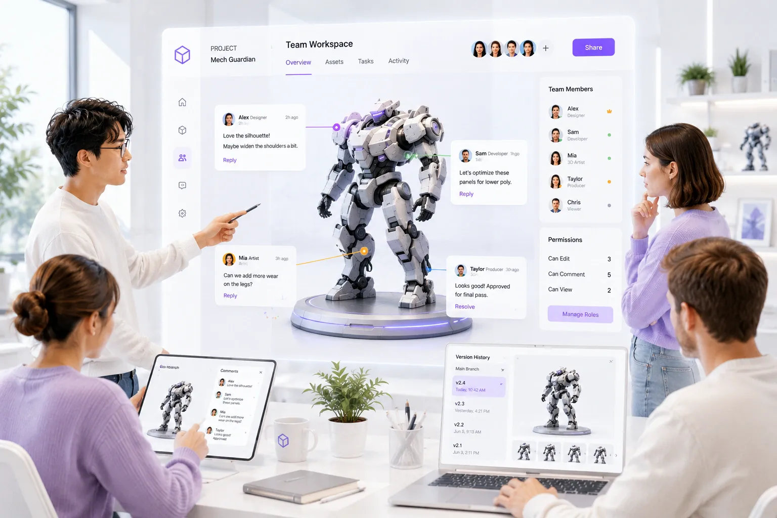 A team reviewing a 3D robot model together on a shared workspace screen