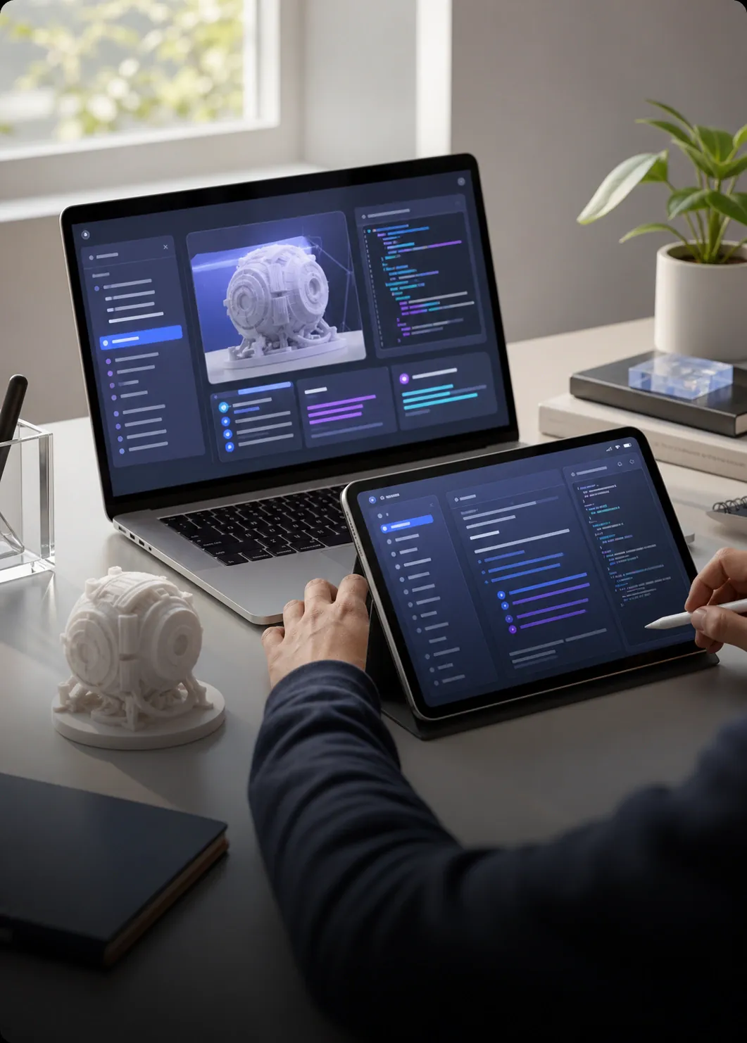 Realistic developer workspace showing Outbaksho documentation and 3D asset previews
